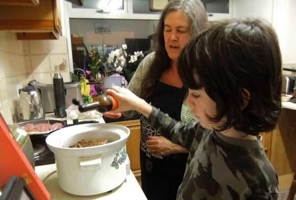 Carol and Joe cooking, 26/7/12
